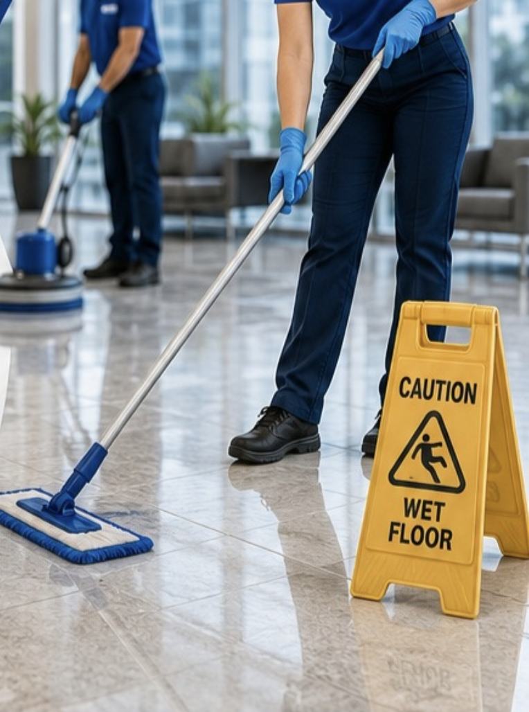 Kings crew mopping and burnishing a polished lobby floor
